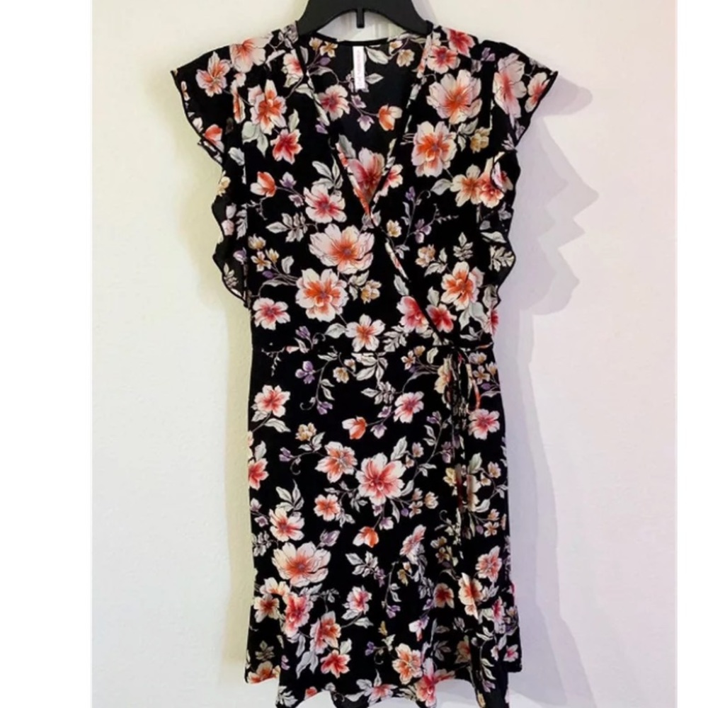 Black Floral Pattern Wrap Dress